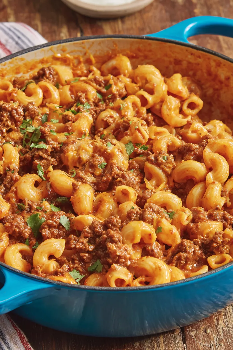 A steaming skillet of chili mac and cheese, cheesy and bubbling
