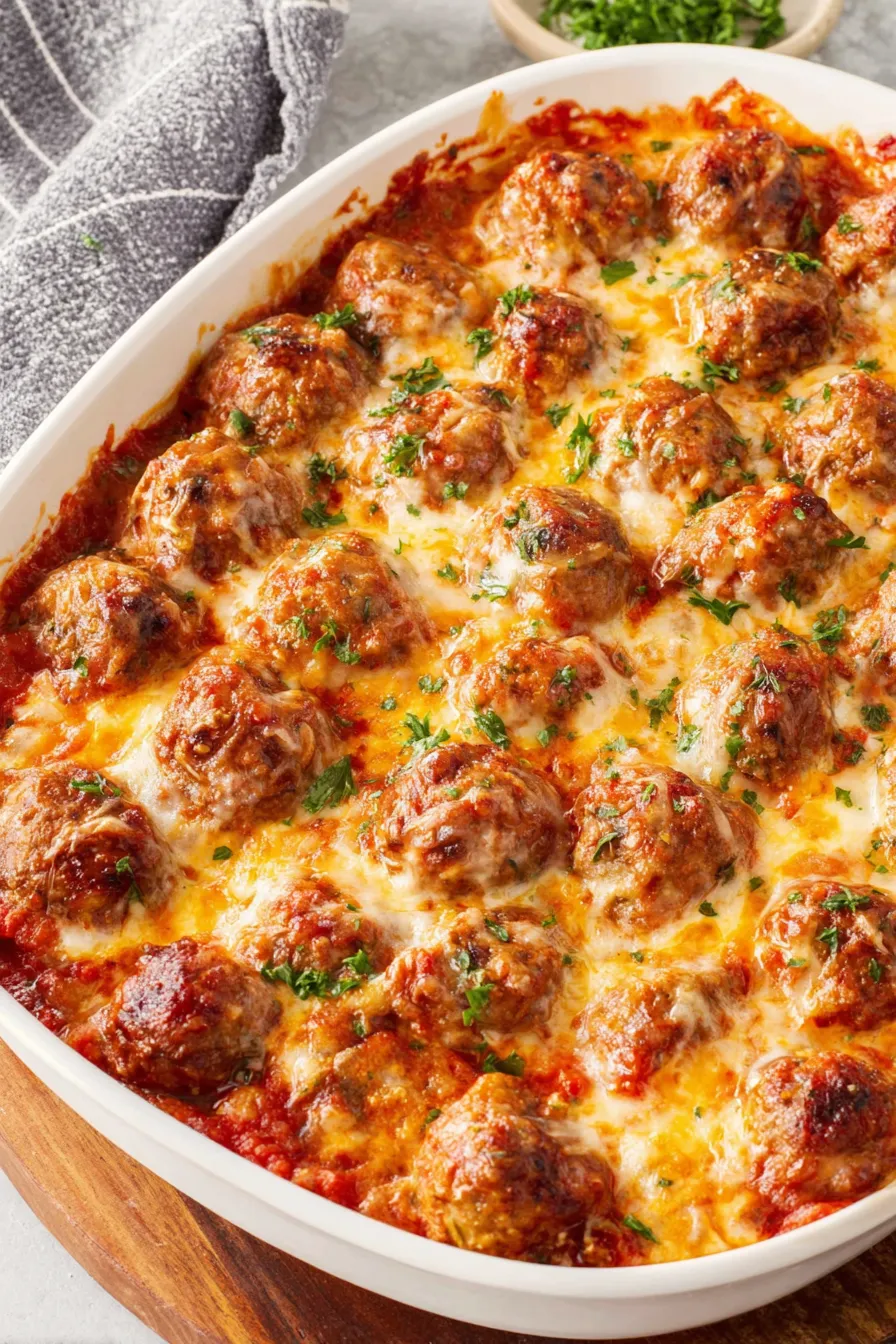 Baked meatballs in a casserole dish with melted cheese