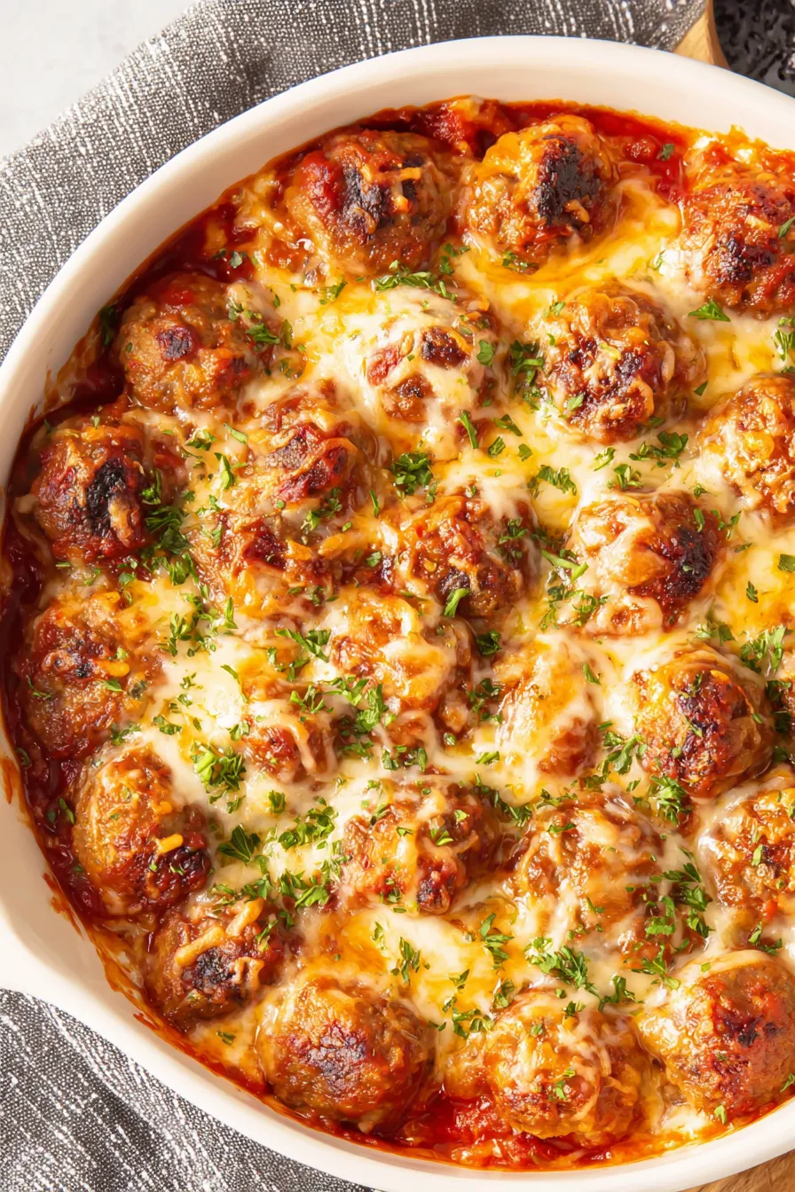 Close up of a meatball with melted cheese on top