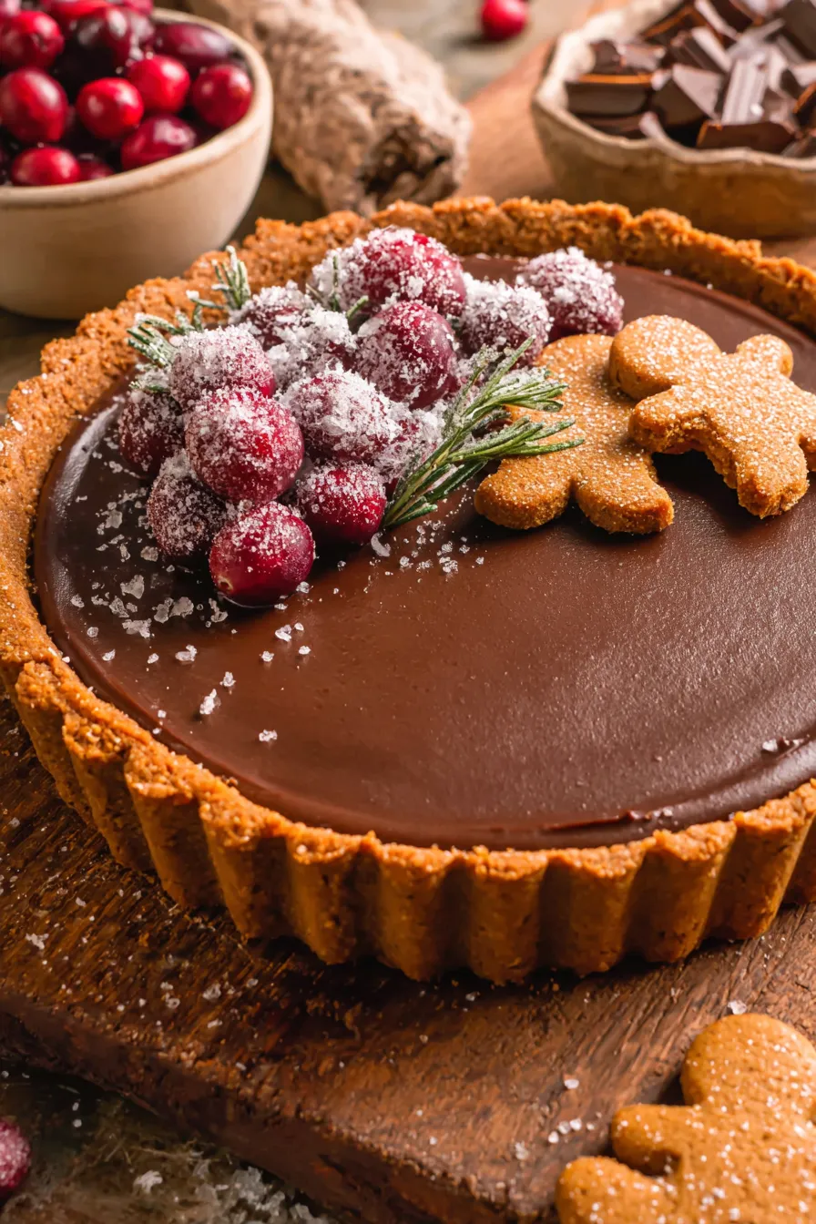 Gingerbread cookie chocolate tart on a table