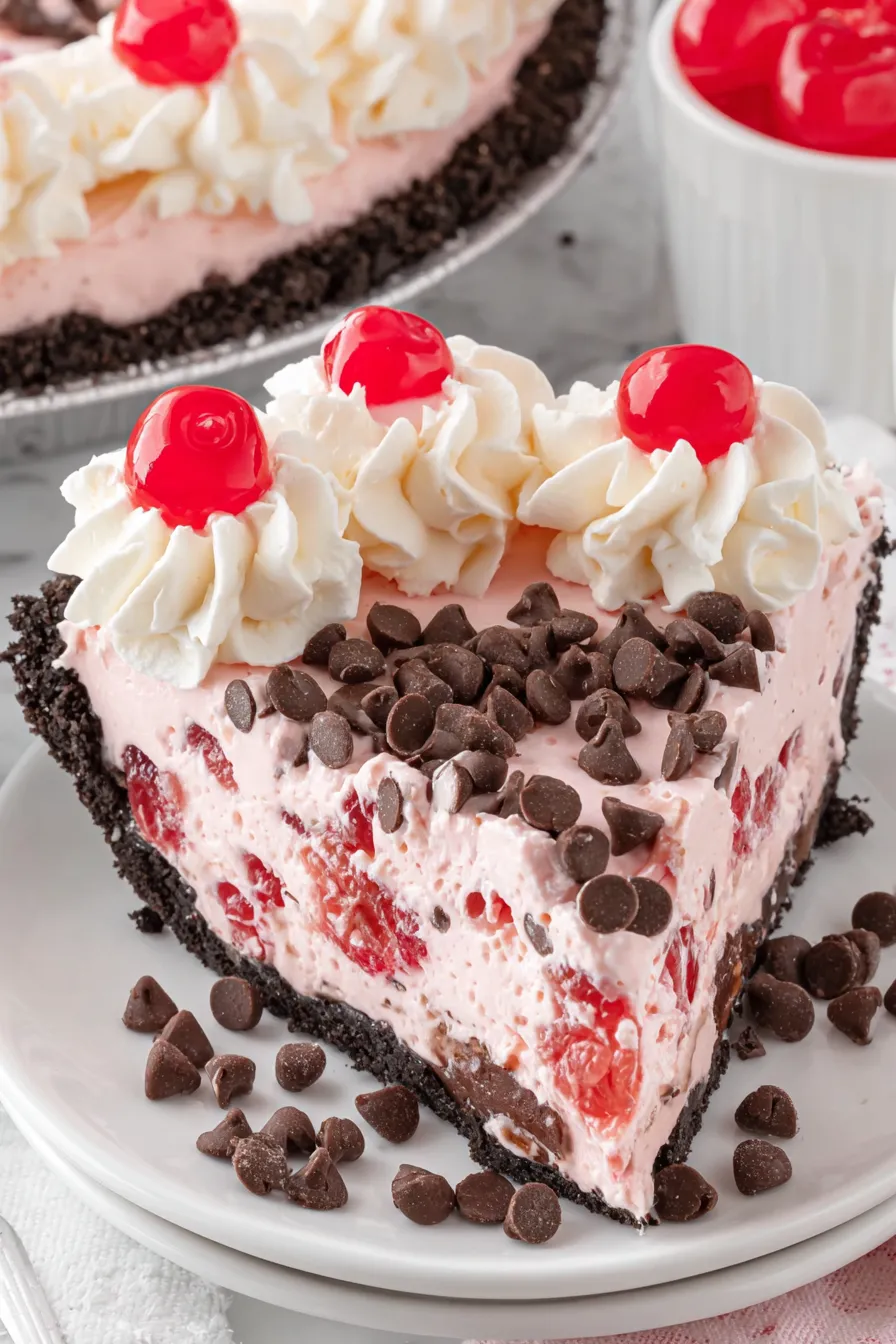 Slice of chocolate cherry pie on a plate