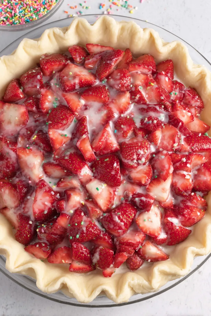 Top view of glazed strawberry pop tart pie