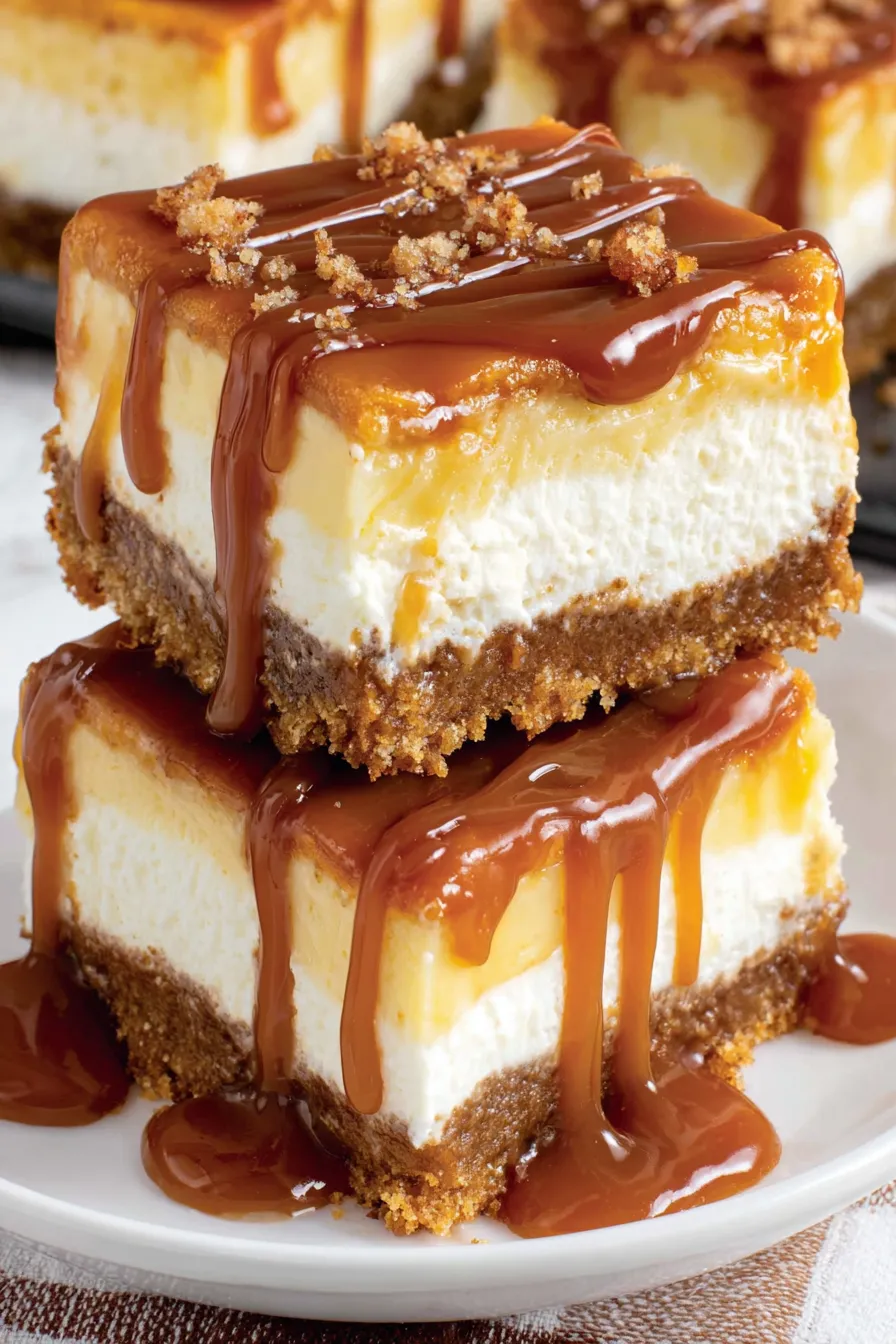 Caramel cheesecake bars close-up showing caramel layer