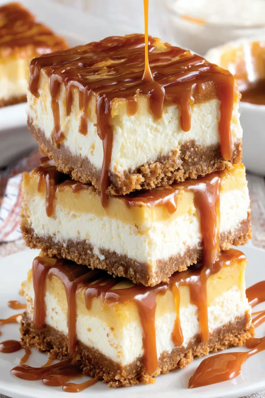 Stack of caramel cheesecake bars with pecan crumbs