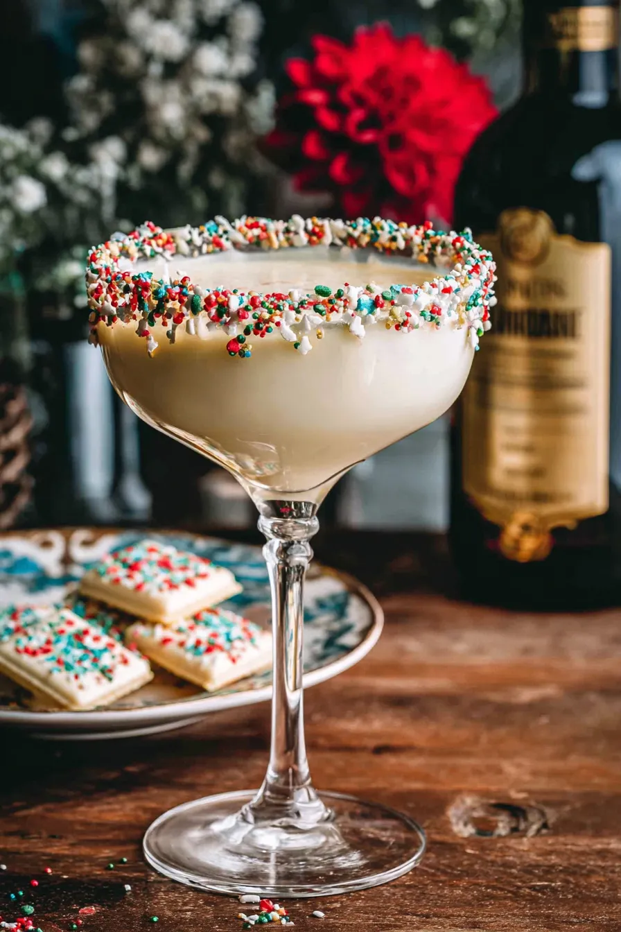Sugar Cookie Martini in a martini glass with sprinkled rim