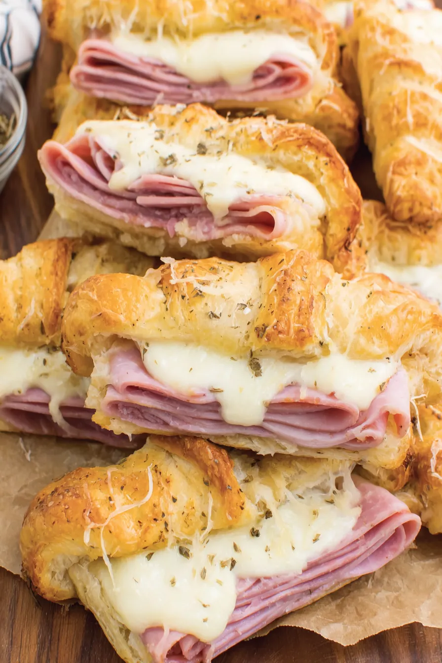 Baked ham and cheese in a 9x13 dish with golden top