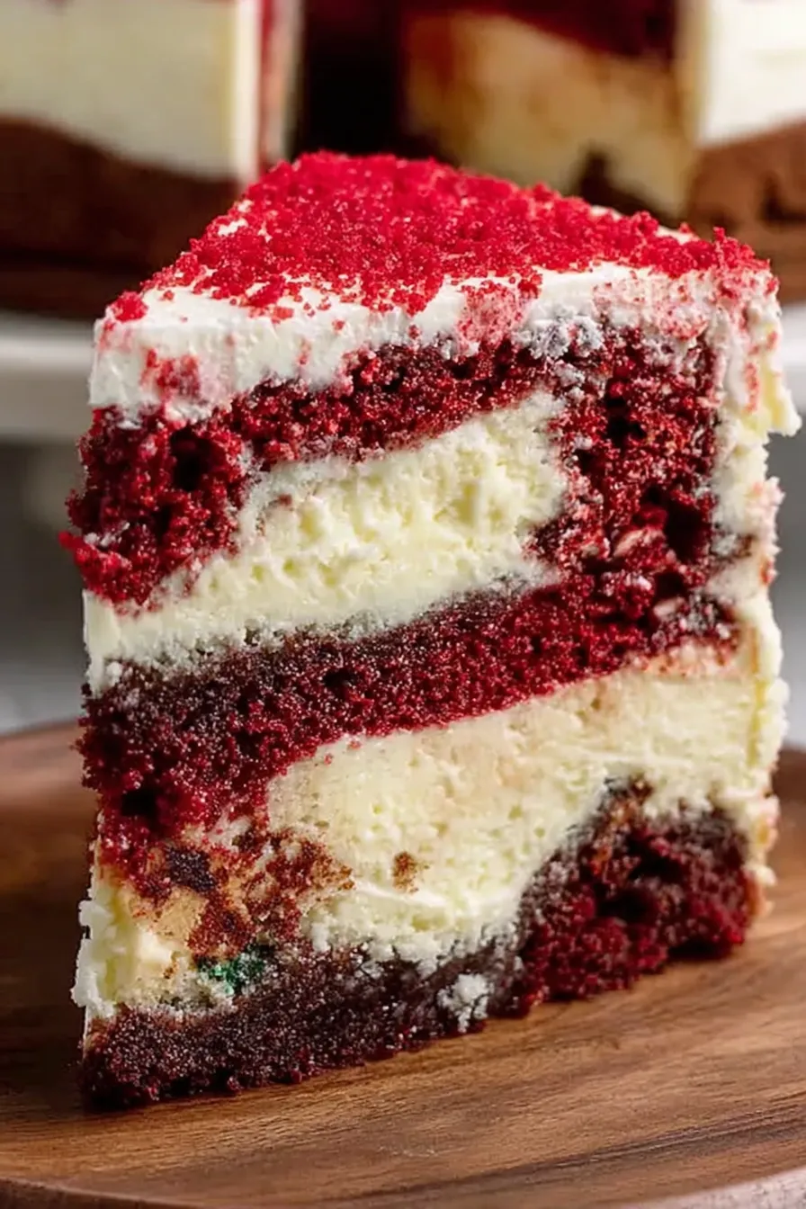 Sliced red velvet cheesecake cake with frosting