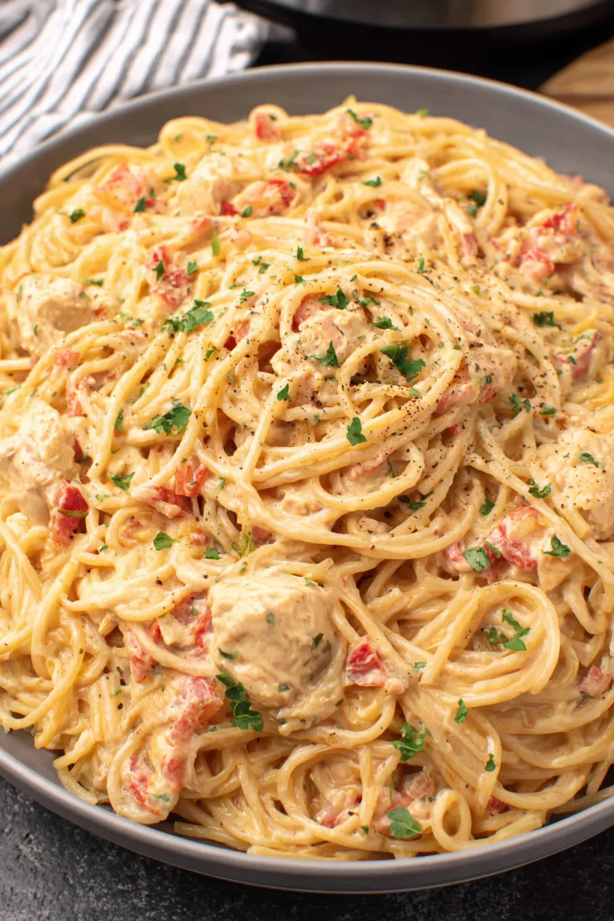 Cooked chicken spaghetti in a slow cooker