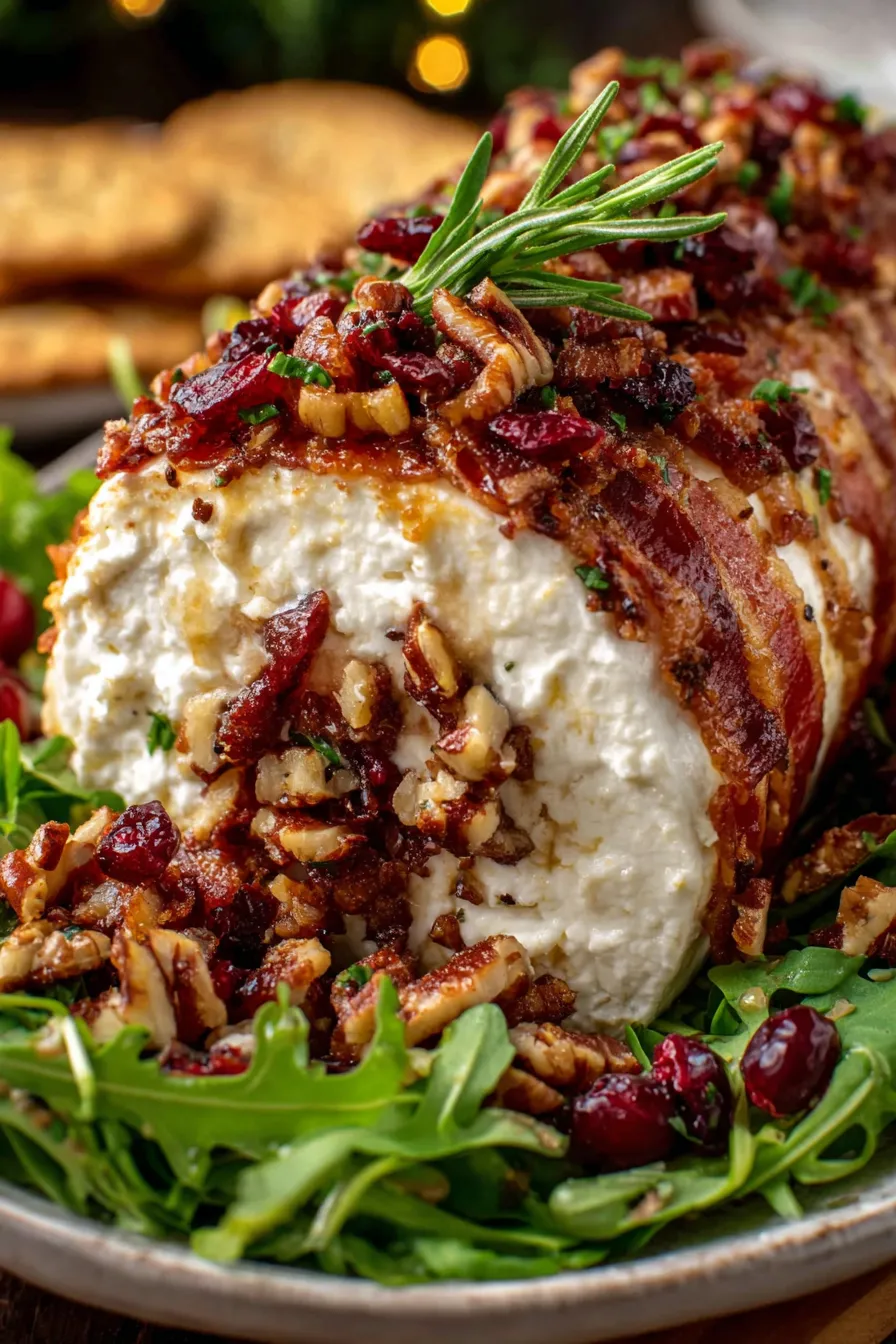 Cheese log coated in bacon and pecans on a platter