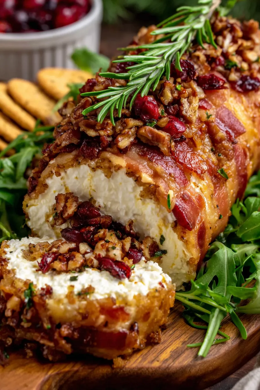 Sliced crostini and cheese log on serving board