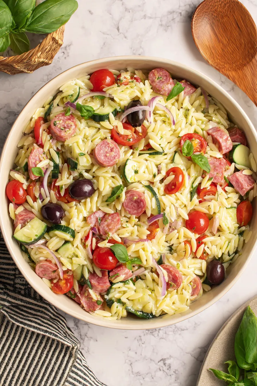 Italian orzo salad in a bowl with tomatoes and basil