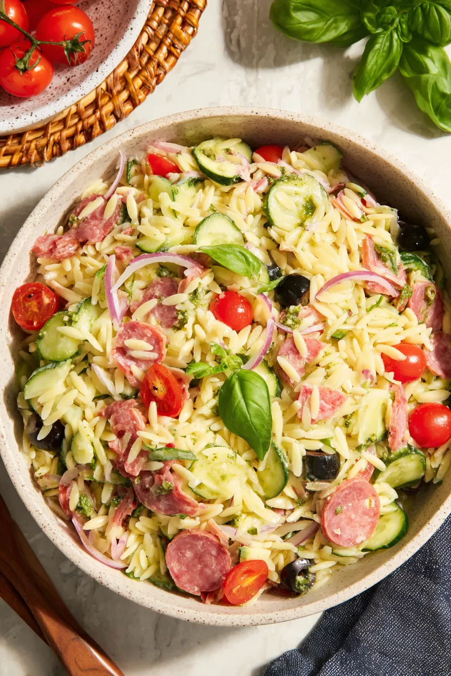 Close-up of orzo salad with shaved Parmesan and basil