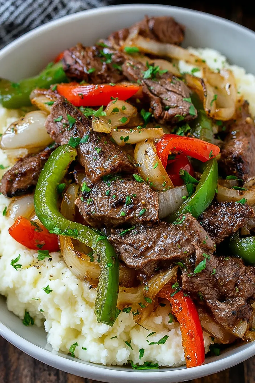 Sliced steak and sautéed peppers