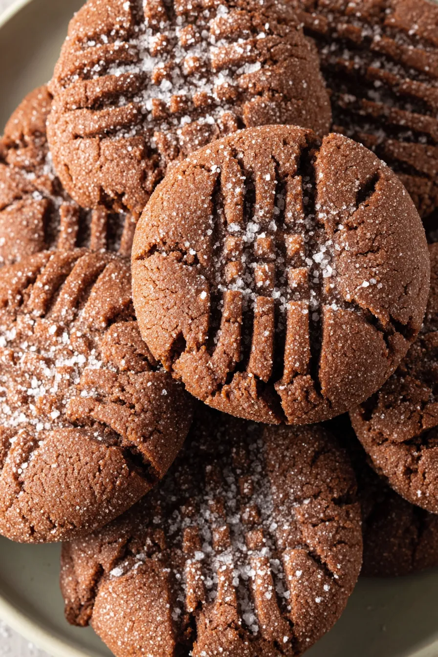 Close-up of chocolate peanut butter cookie texture and sugar coating
