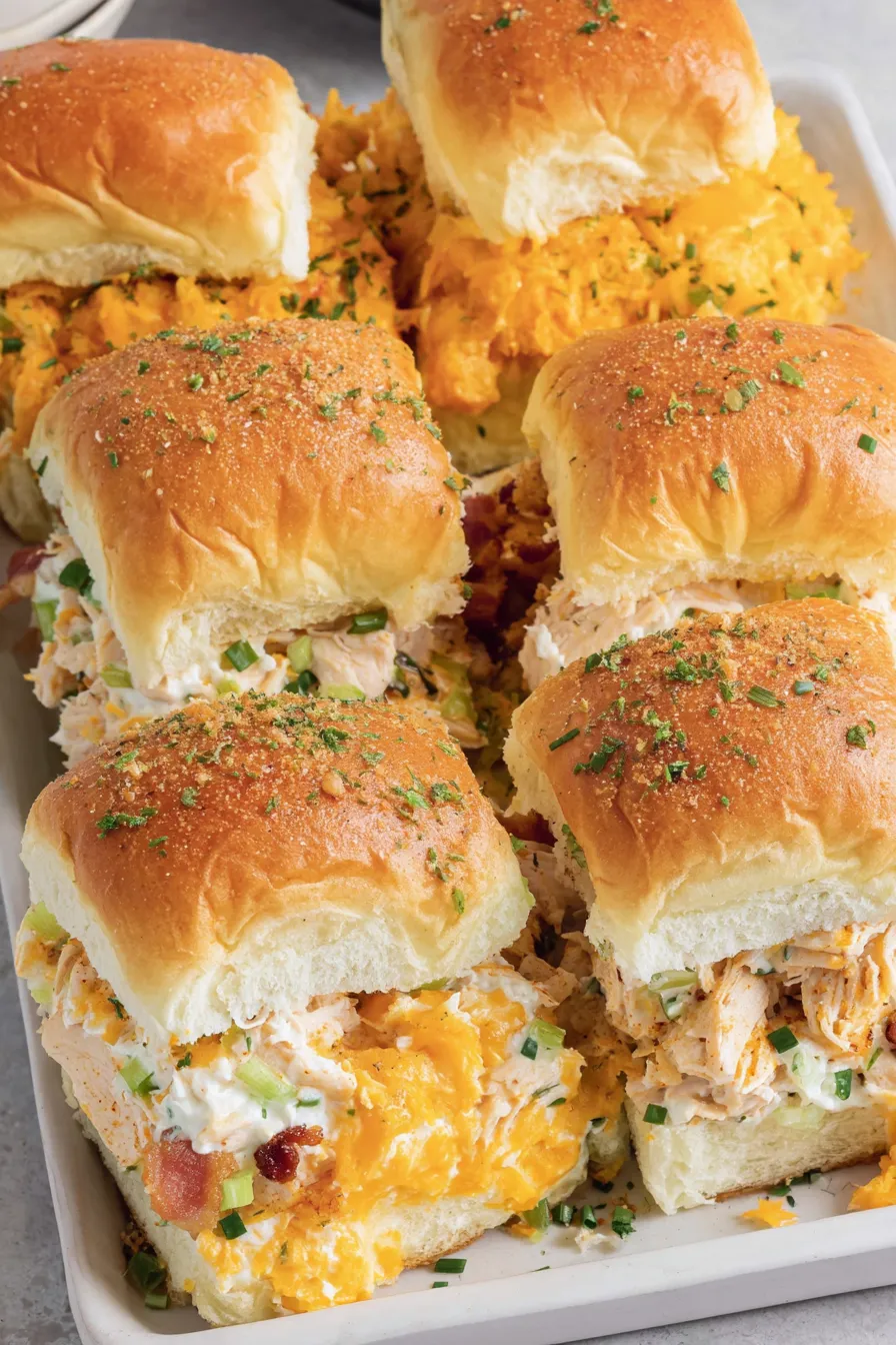 Close-up of a pulled-apart crack chicken slider showing cheesy filling