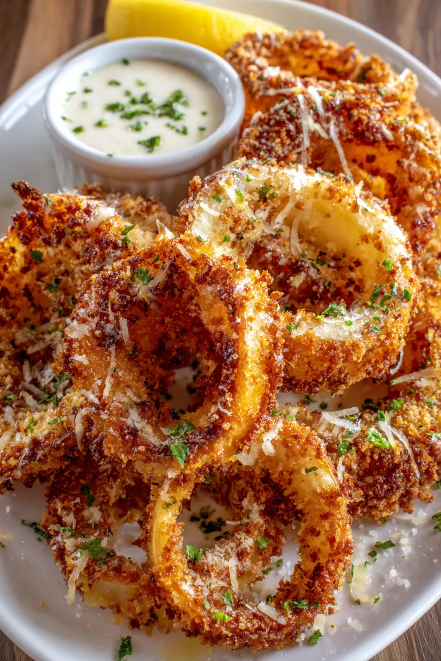 Plated Parmesan onion ring chips with dipping sauce