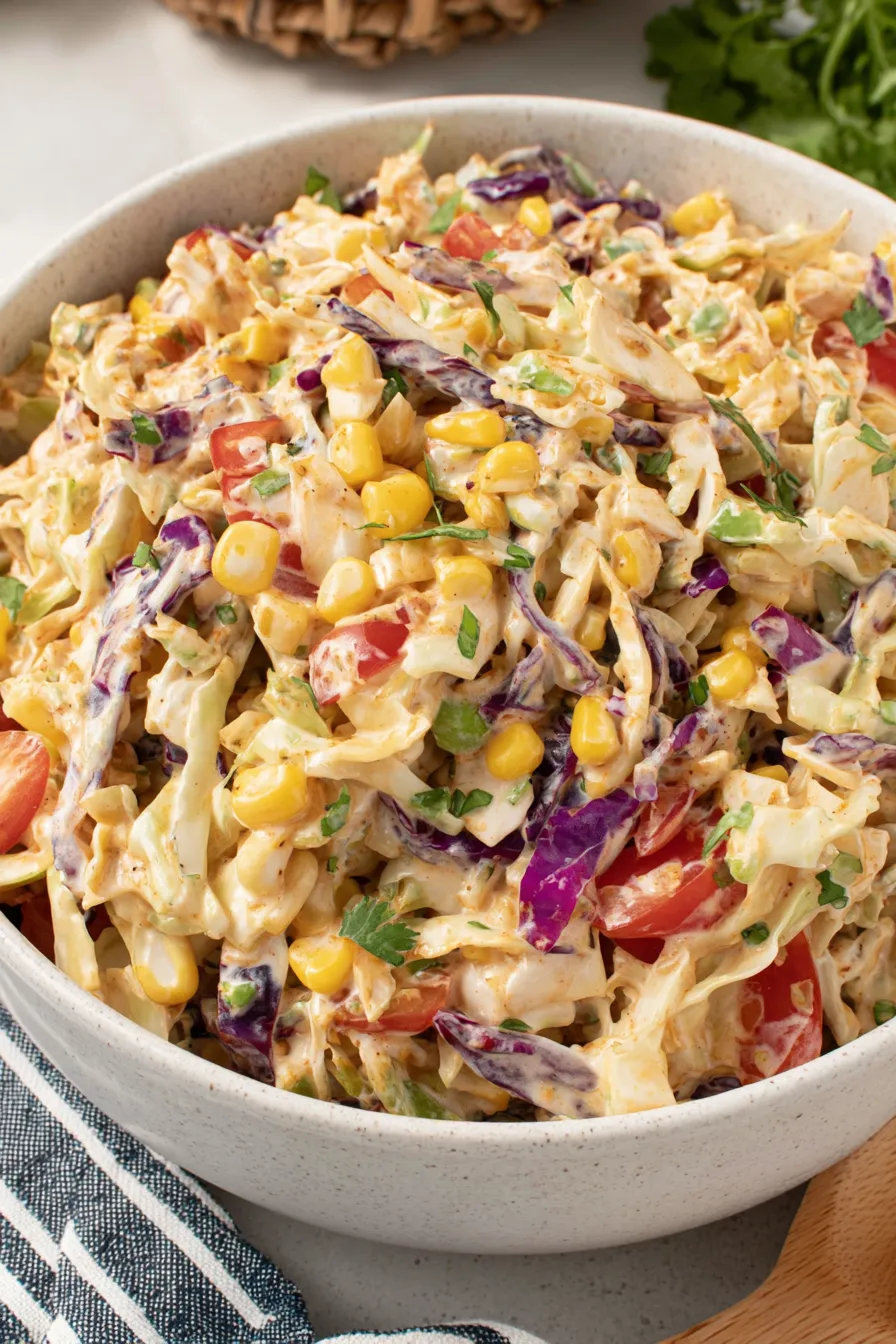 Taco coleslaw in serving bowl with lime wedge