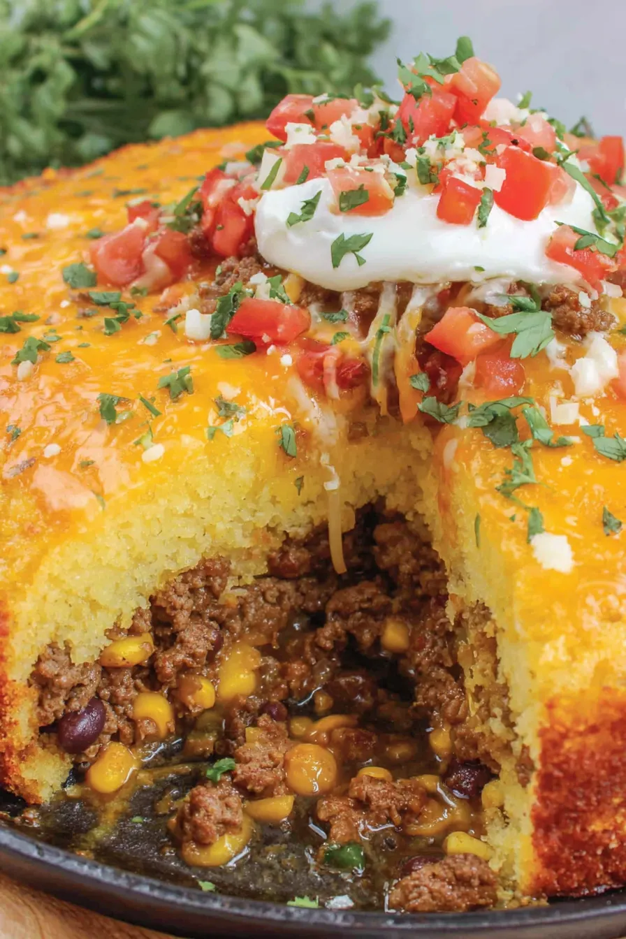 Cowboy Cornbread Casserole plated with toppings