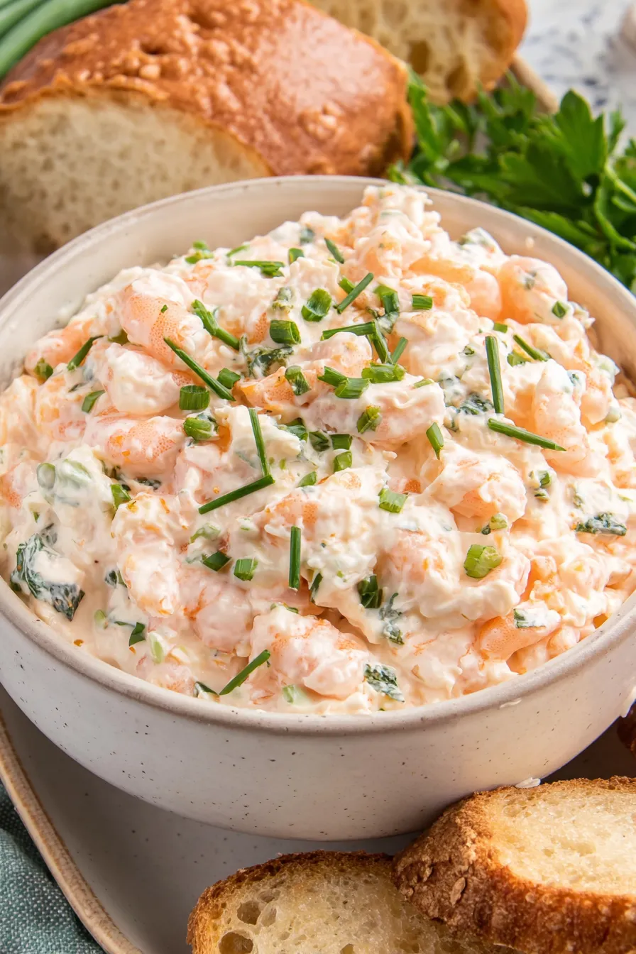 Shrimp dip in serving bowl with herbs
