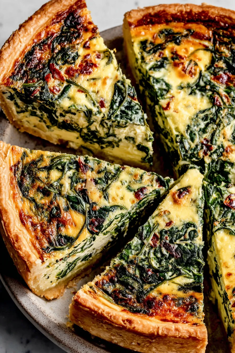 Slice of spinach quiche served with salad