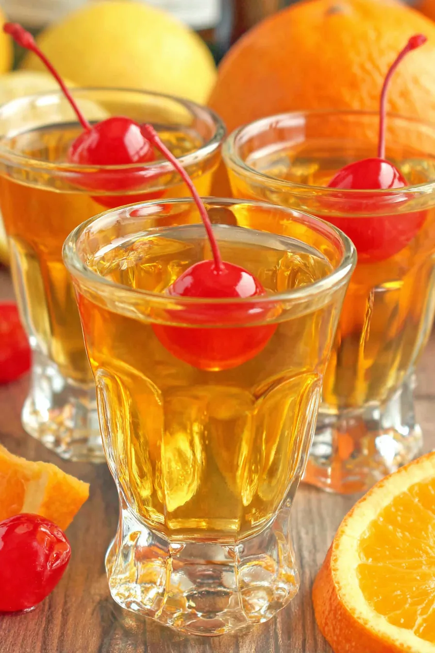 Close up of whiskey bottles and garnishes on a bar