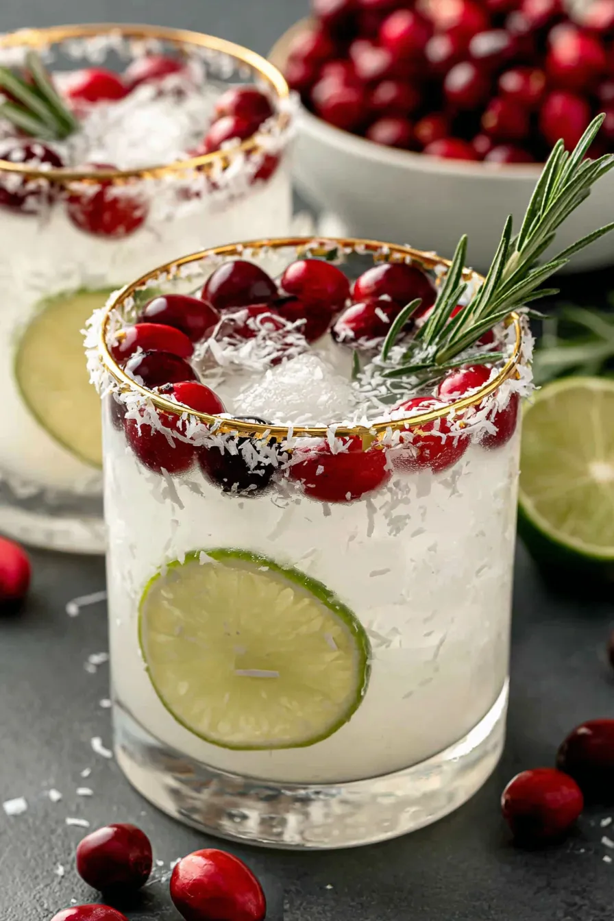 White Christmas Margarita in a glass with coconut rim and rosemary