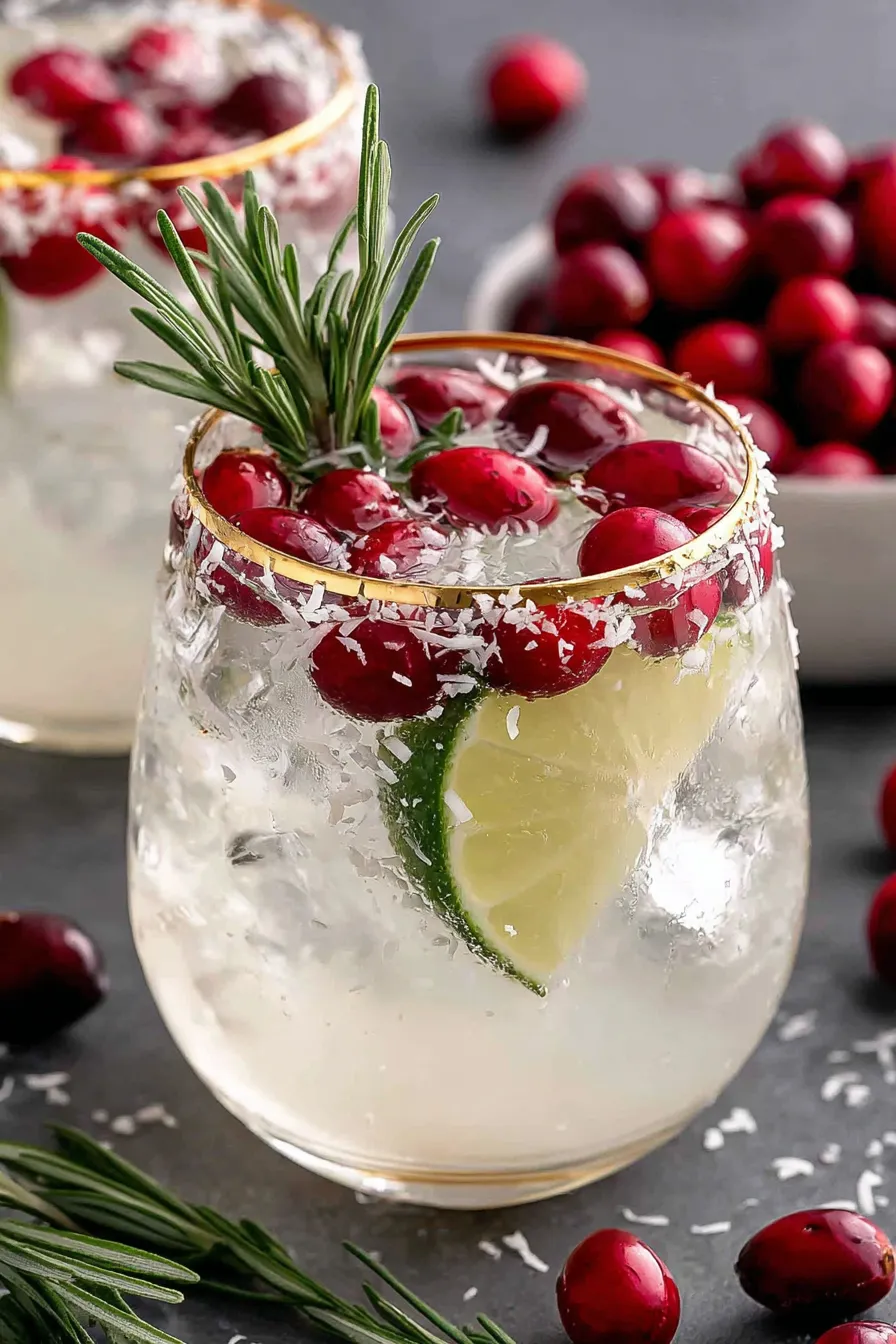 Two White Christmas Margaritas with rosemary and cranberries