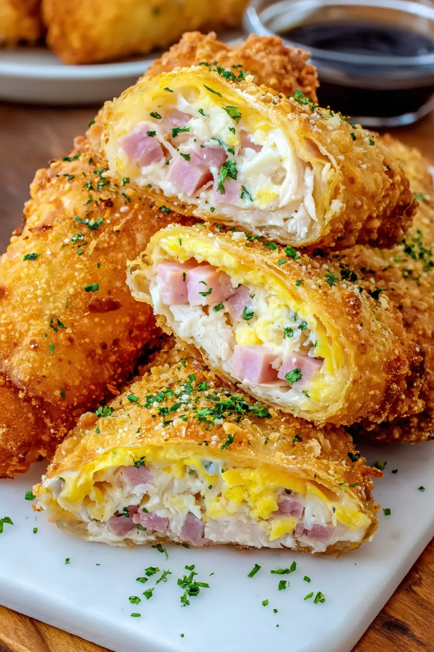 Golden fried egg rolls cooling on paper towel