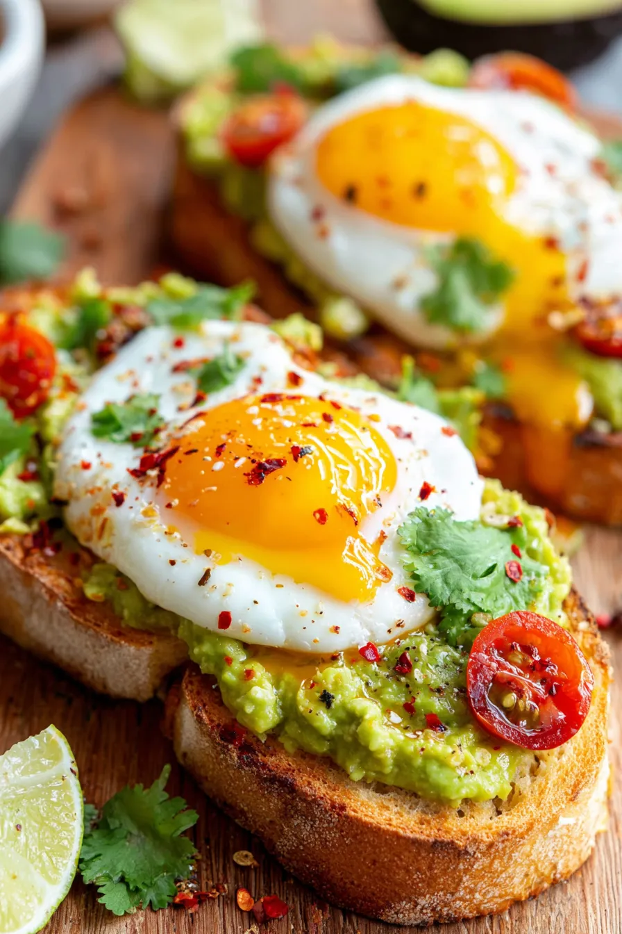 Avocado toast topped with poached egg and cherry tomatoes