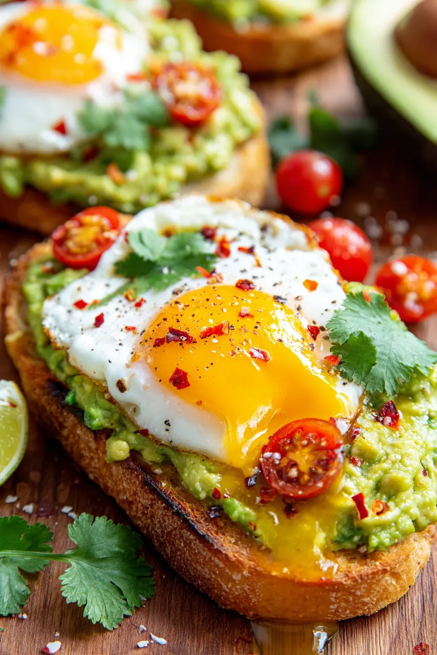Two toasts with mashed avocado, poached eggs and halved tomatoes