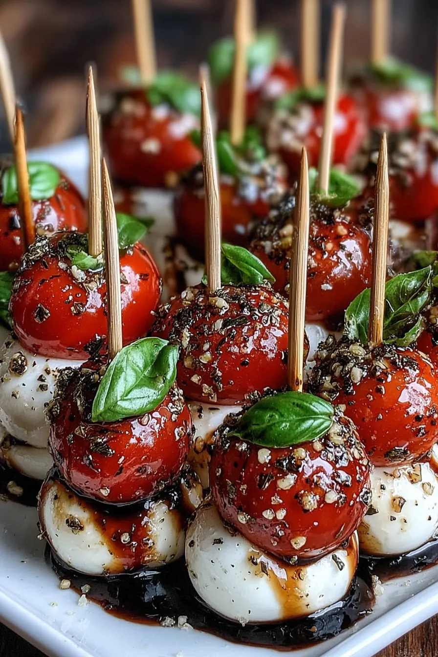 Mini Caprese bites on a white platter with balsamic glaze