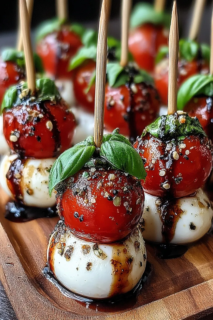 Close-up of Caprese bites with basil and drizzle