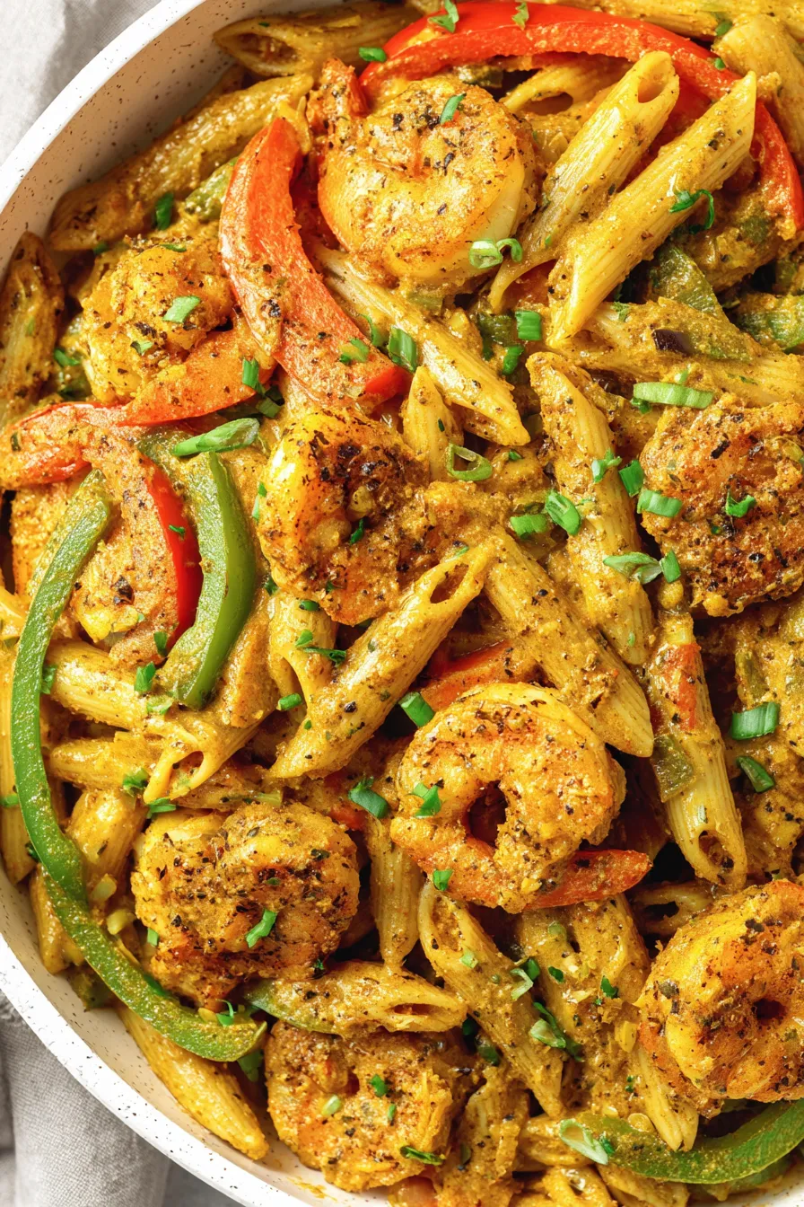 Jamaican Shrimp Rasta Pasta in a skillet with colorful peppers