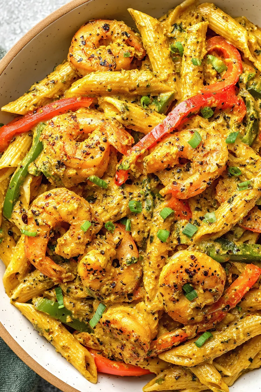 Close-up of creamy jerk shrimp pasta with melted cheese