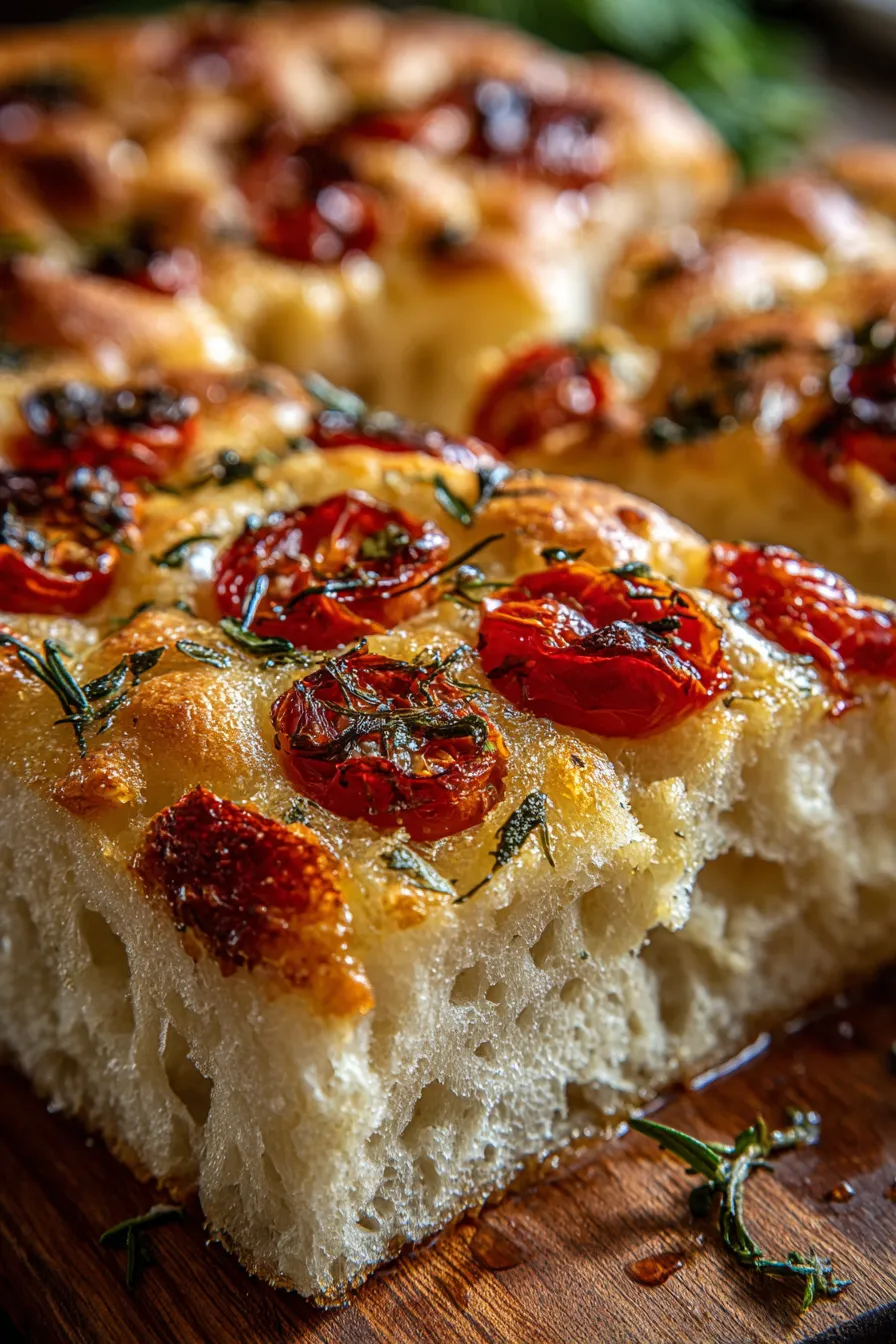 Freshly baked focaccia on a pan with rosemary and olive oil