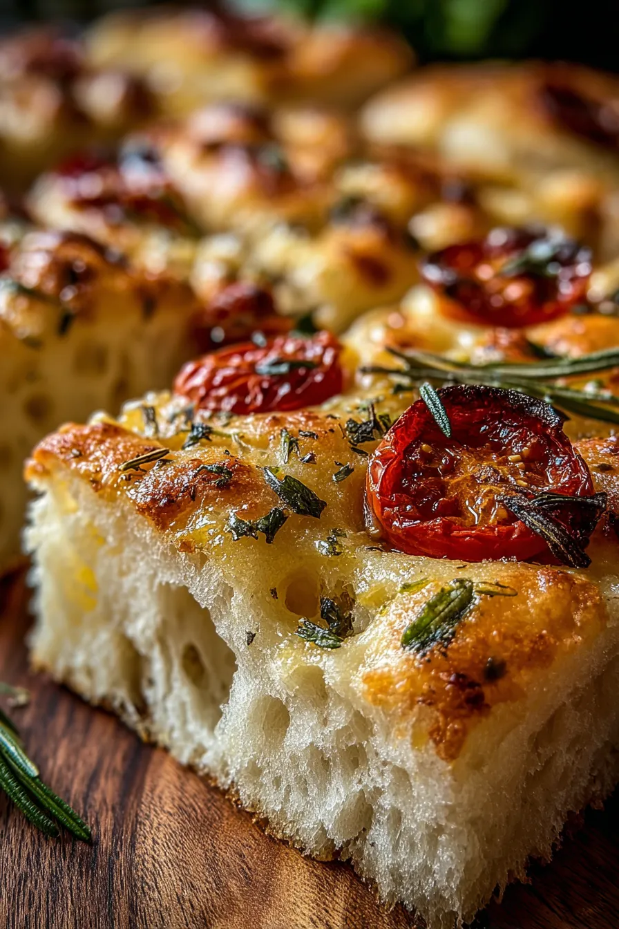 Close-up of focaccia dimples filled with olive oil and toppings