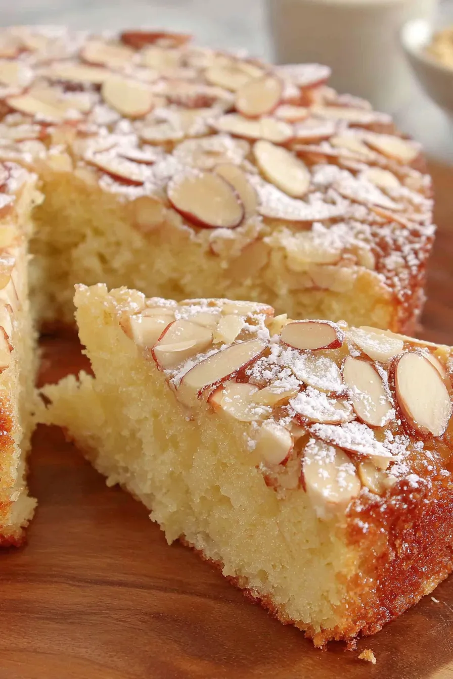 Almond cake cooling on a wire rack with sliced almonds on top
