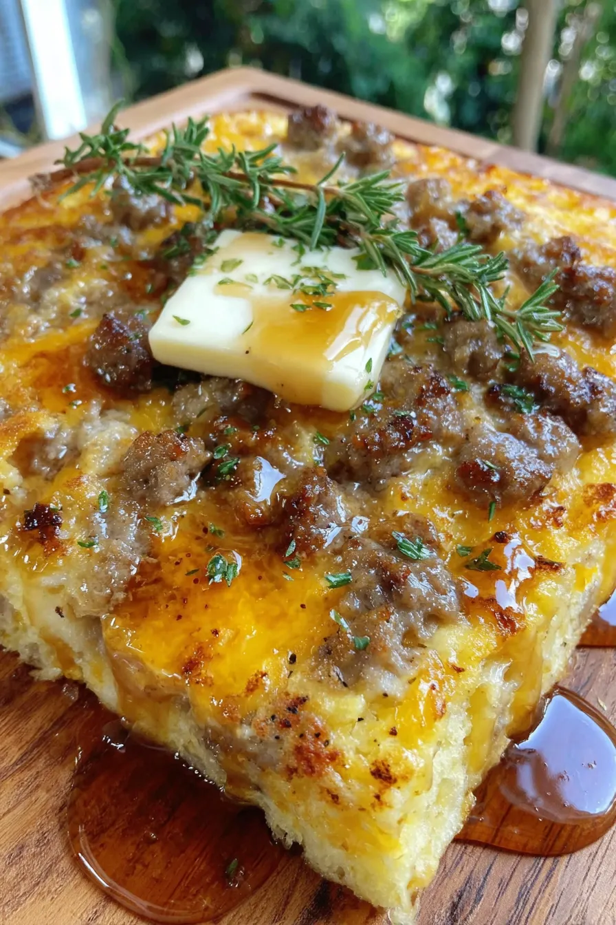 Sausage and cheese sheet pan pancake fresh from the oven