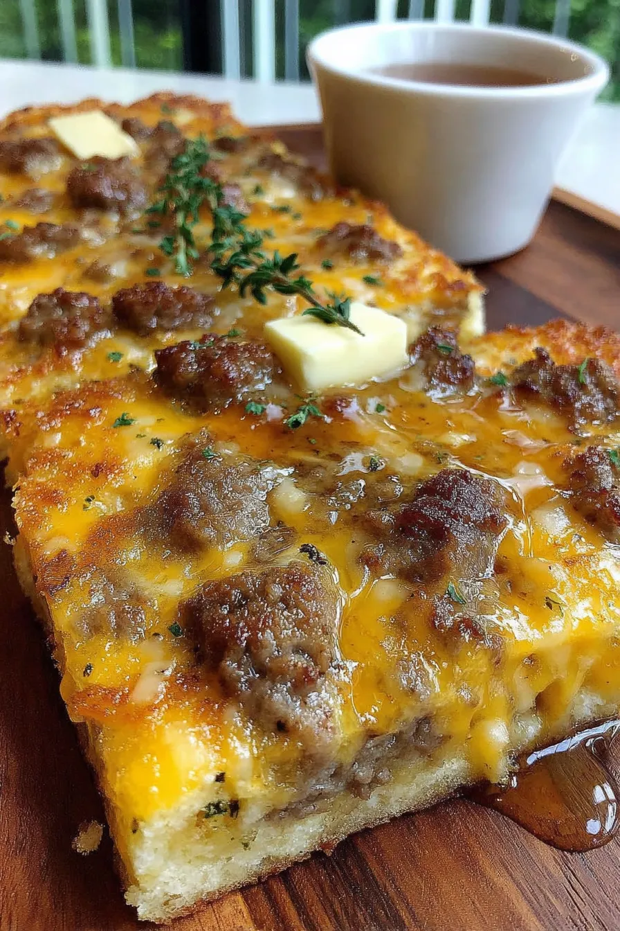 Slices of sheet pan pancakes plated with syrup and butter