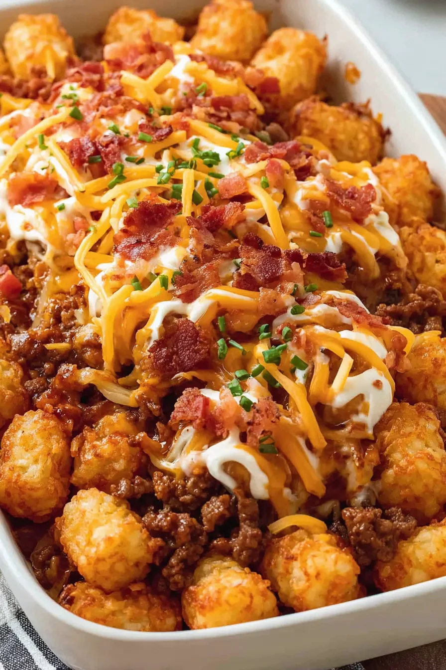 Bacon cheeseburger casserole with tater tot crust