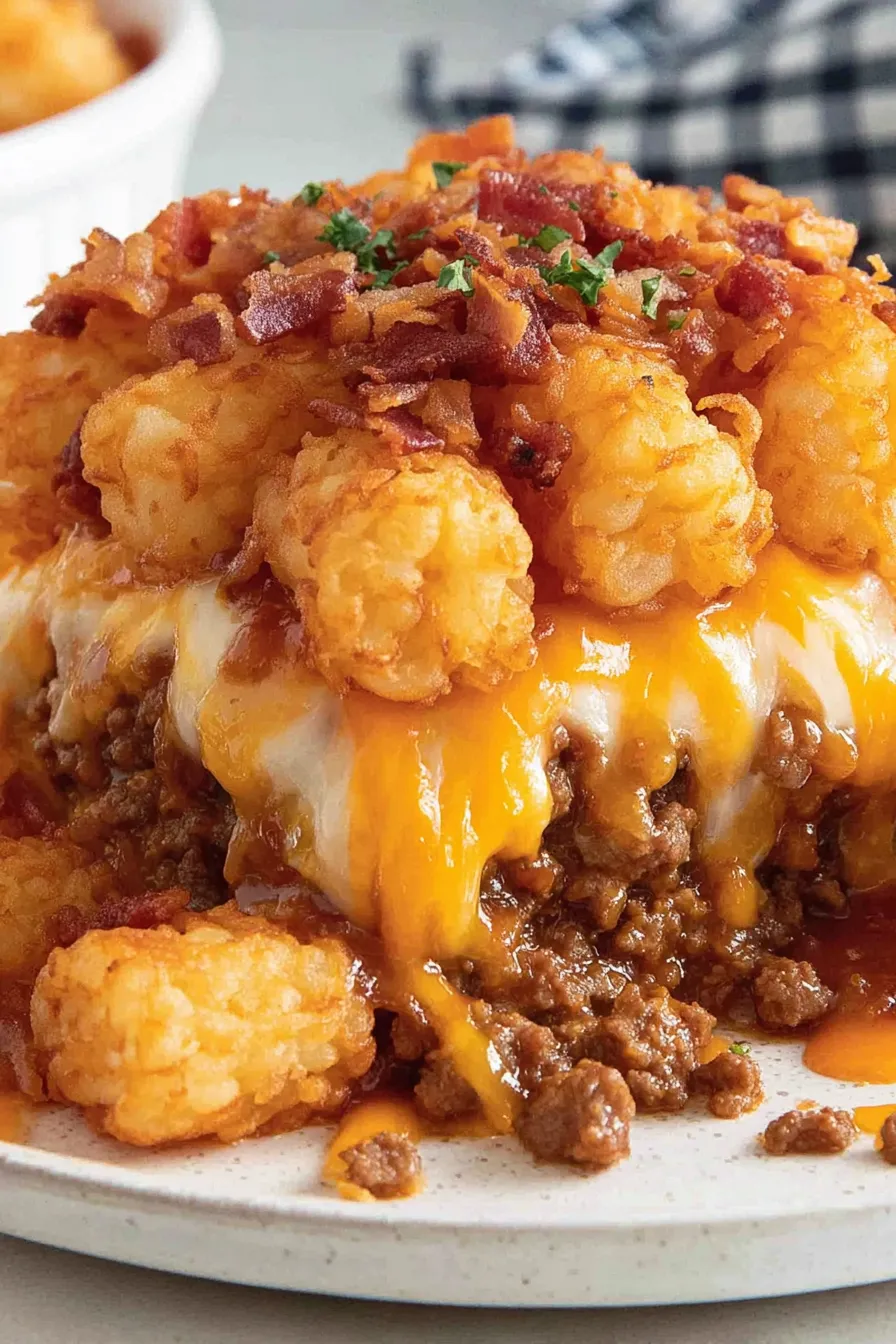 Close-up of cheesy tater tot casserole