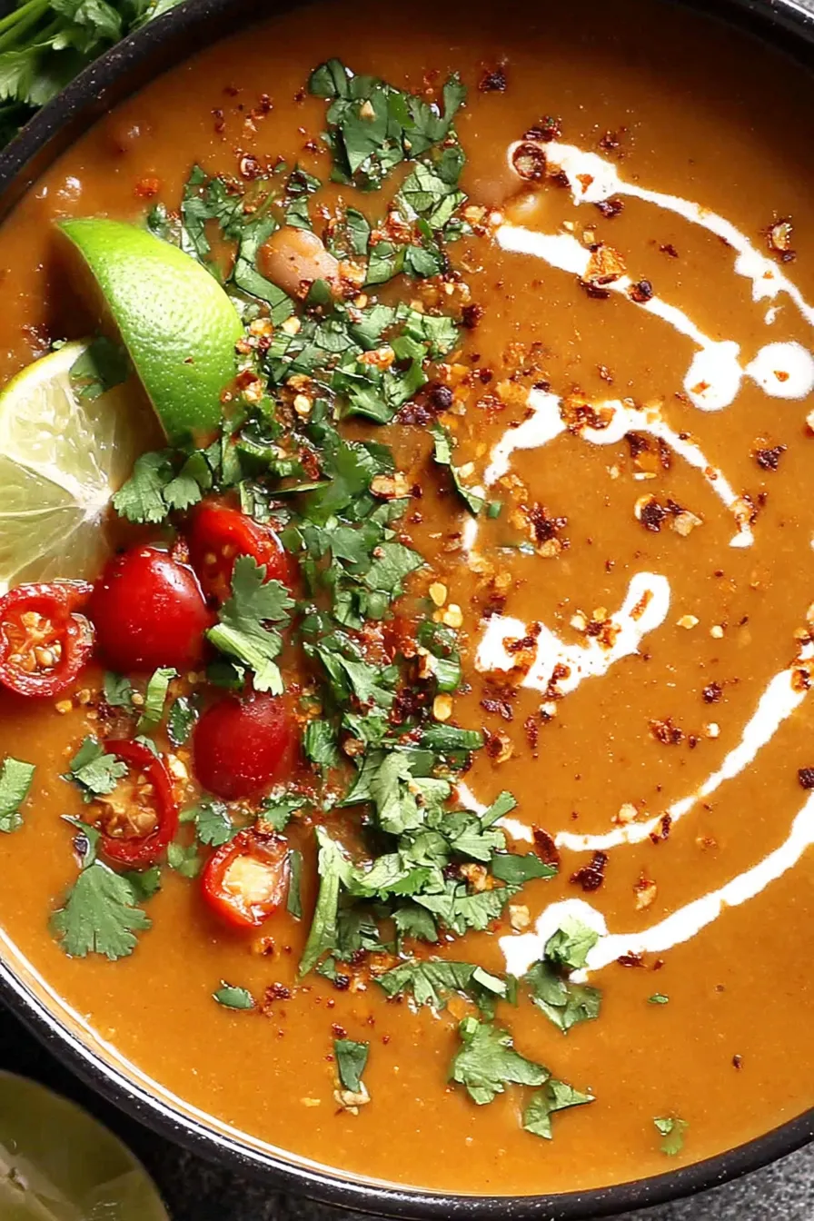 Bowl of pinto bean soup with crema and cilantro