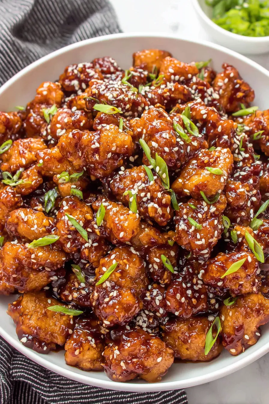 Golden fried General Tso chicken tossed in glossy sauce
