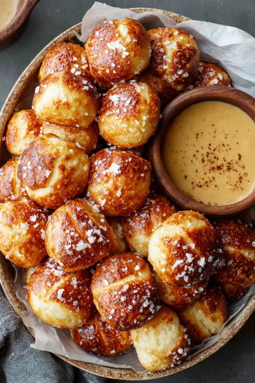 Freshly baked pretzel bites on parchment