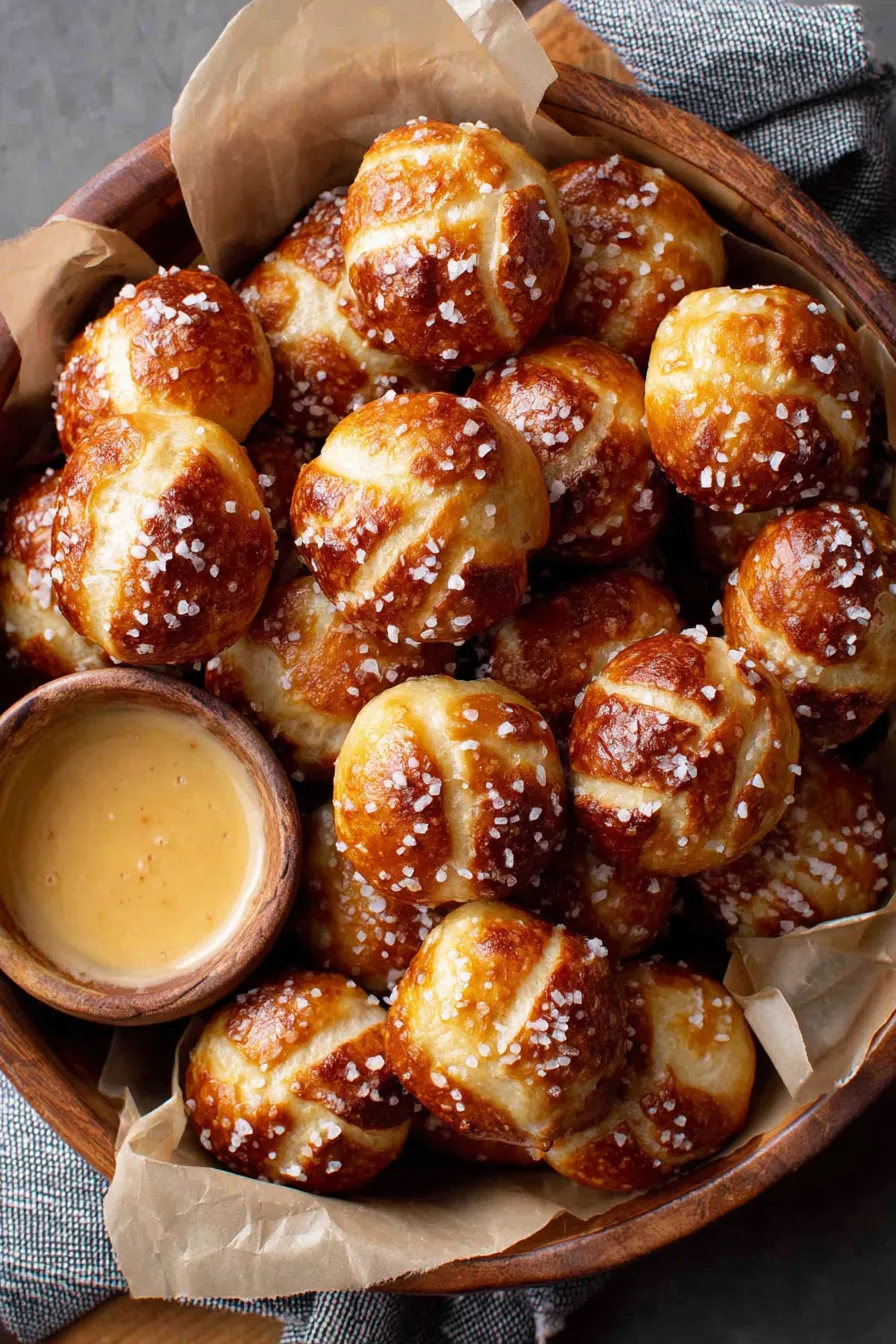 Pretzel bites being dipped into mustard