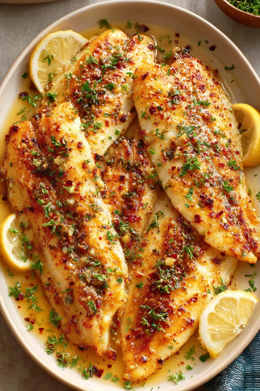 Close-up of lemon garlic butter on baked tilapia