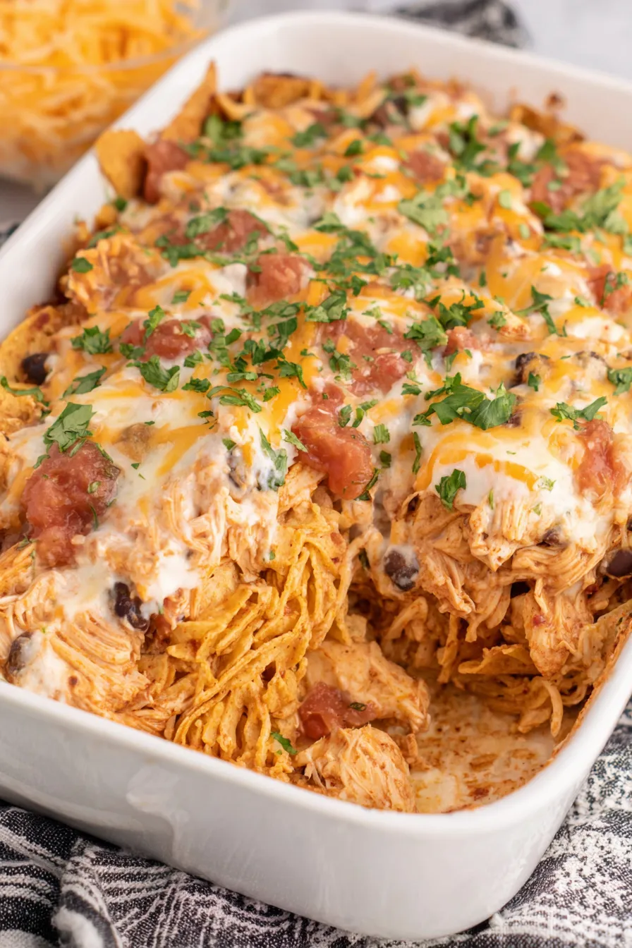 Baked chicken taco casserole bubbling in a dish