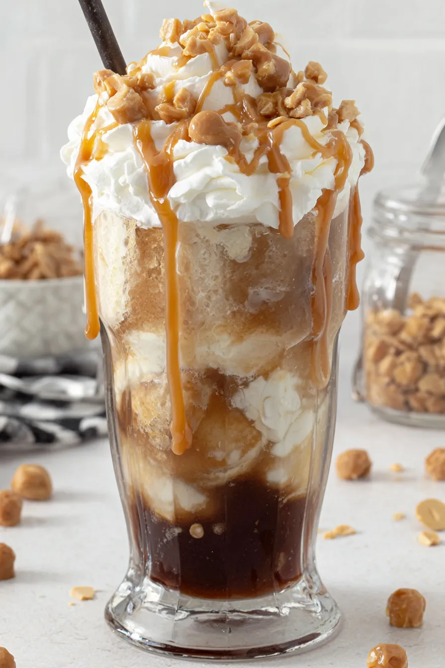 Alcoholic root beer float in glass with whipped cream and peanuts