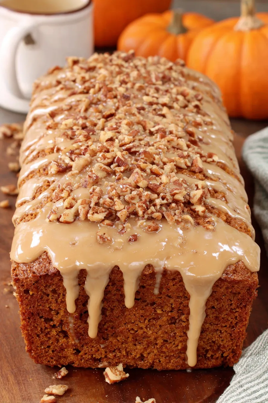Sliced maple pumpkin bread with glaze and nuts