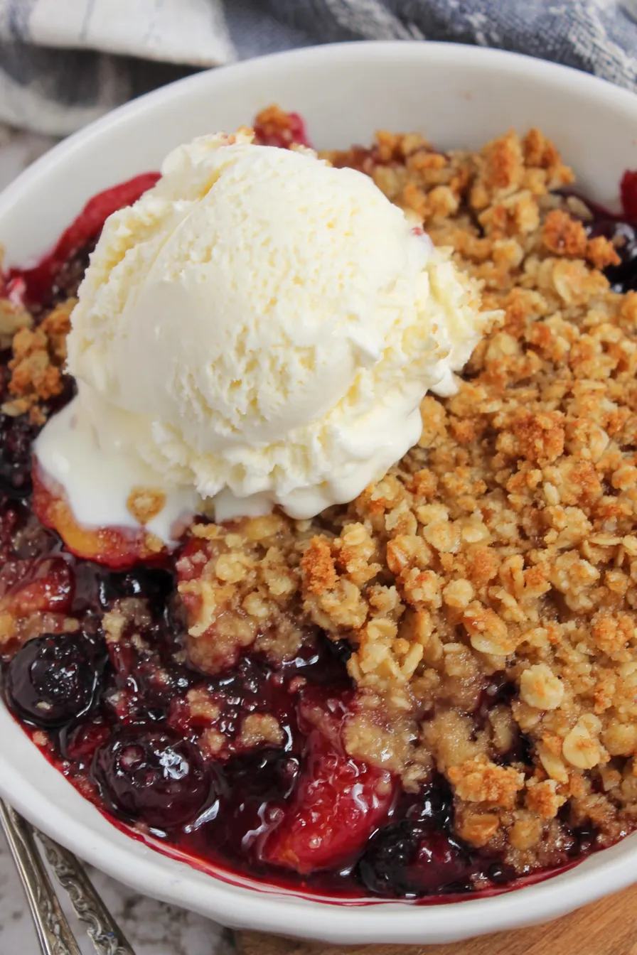 Close-up of crisp topping with blueberries